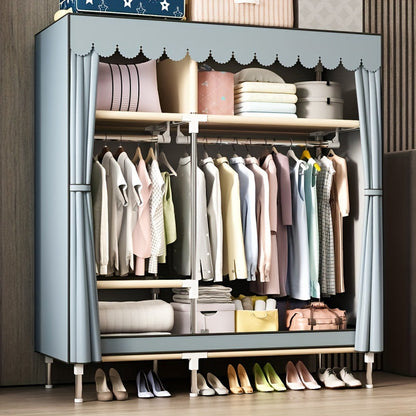 The Simple Clothes Storage Wardrobe features a drawer and dust-proof curtain, making it a convenient and efficient storage solution for your bedroom or entryway. This steel tube wardrobe is easy to assemble and offers a large capacity for organizing your