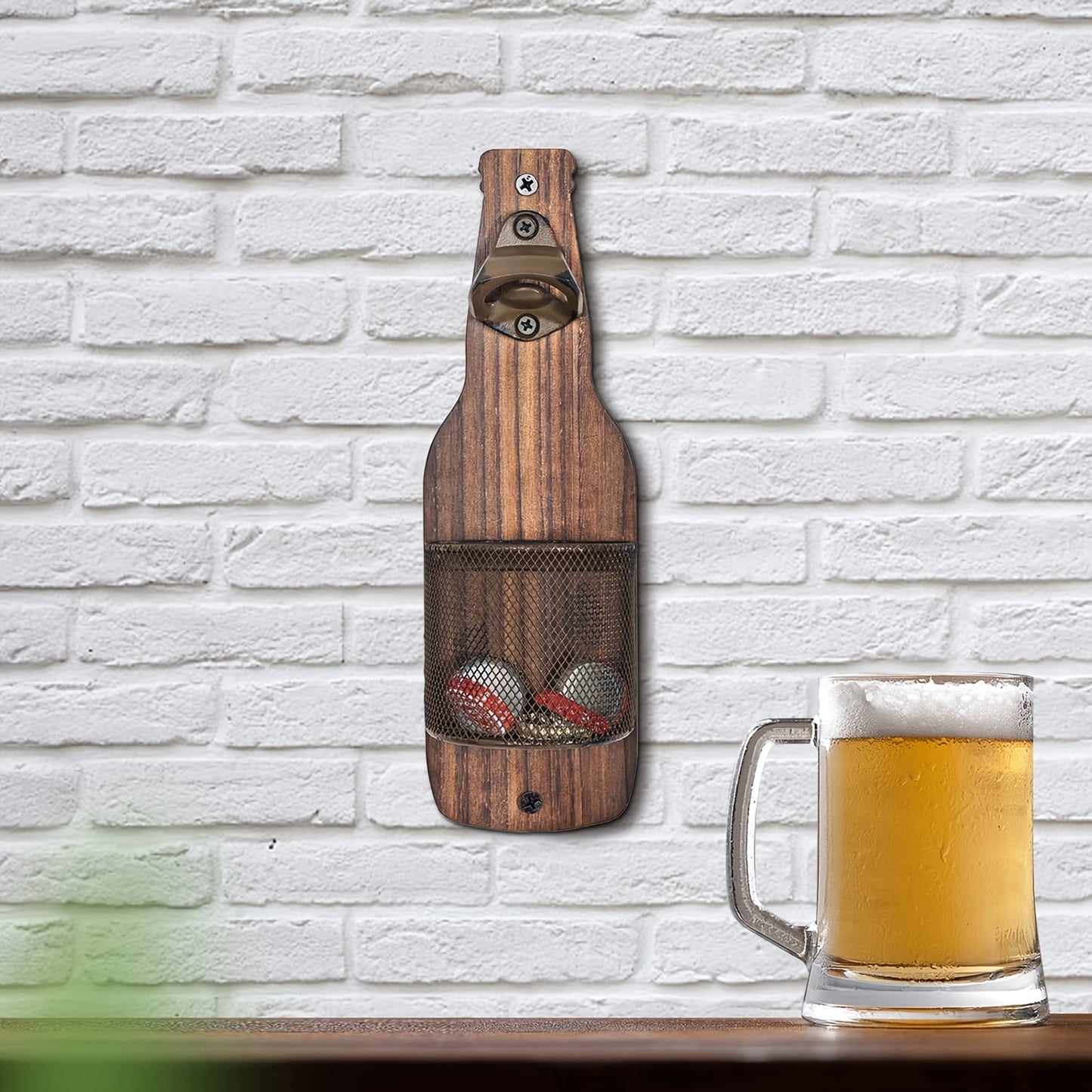 Wooden beer bottle opener for walls, perfect for home and restaurant decor.