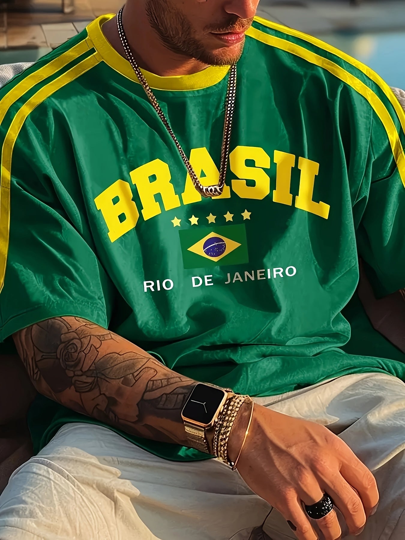 1pc Brazil-inspired men's casual short sleeve T-shirt with digital print, crew neck, polyester knit fabric with stretch, ideal for summer activities and daily wear.