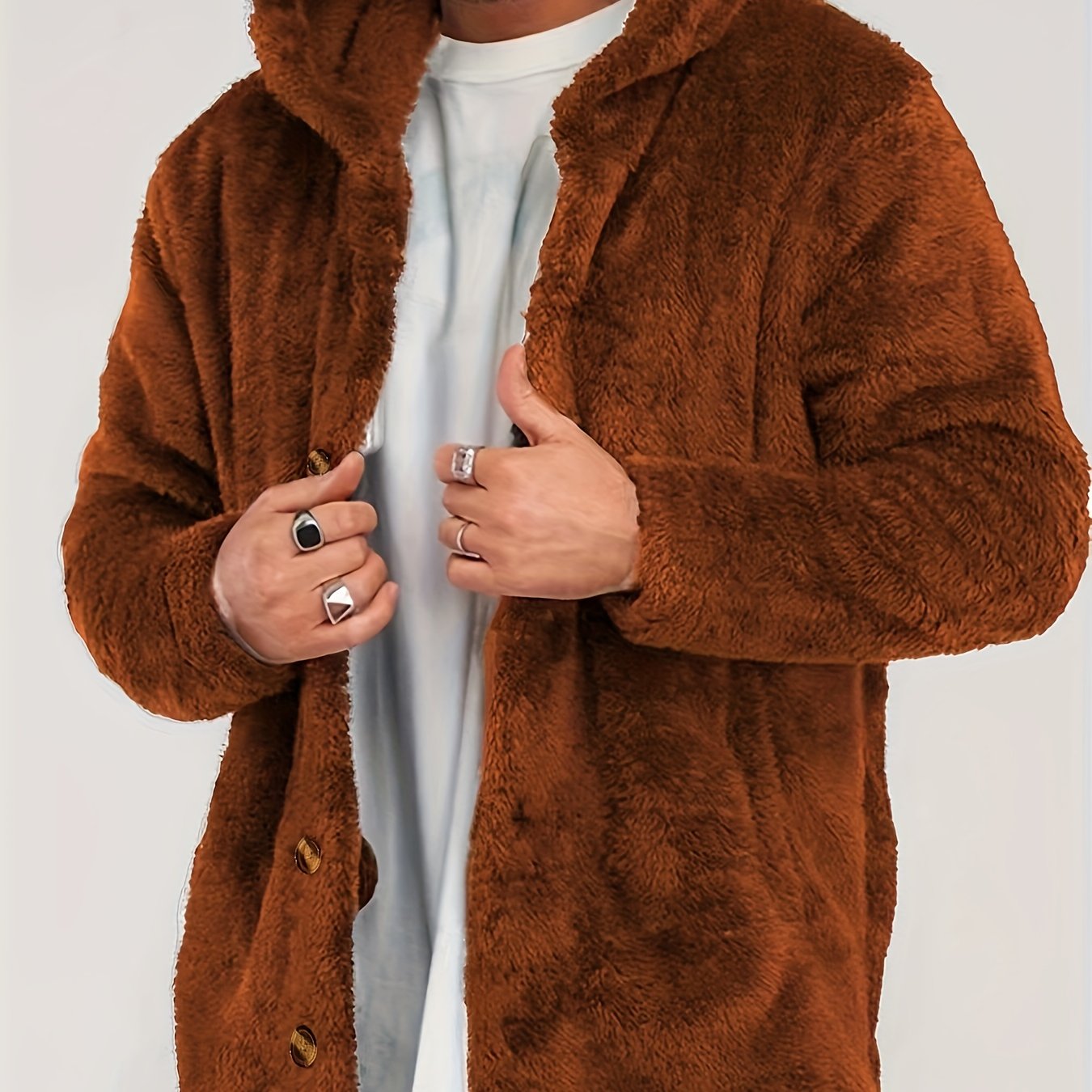 Warm and cozy brown faux fur hooded cardigan with button pockets for men, perfect for fall and winter. Comfortable and casual plus size outerwear in plush polyester.