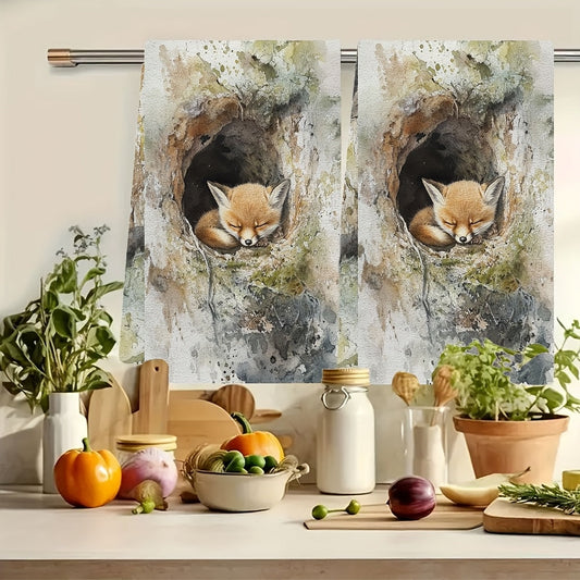 Two pieces of kitchen towels that are ultra soft and feature the soft, furry face of a baby fox exploring its den. These highly absorbent dish hand towels are perfect for holiday decor. They are machine washable and measure 16x24 inches. Item number