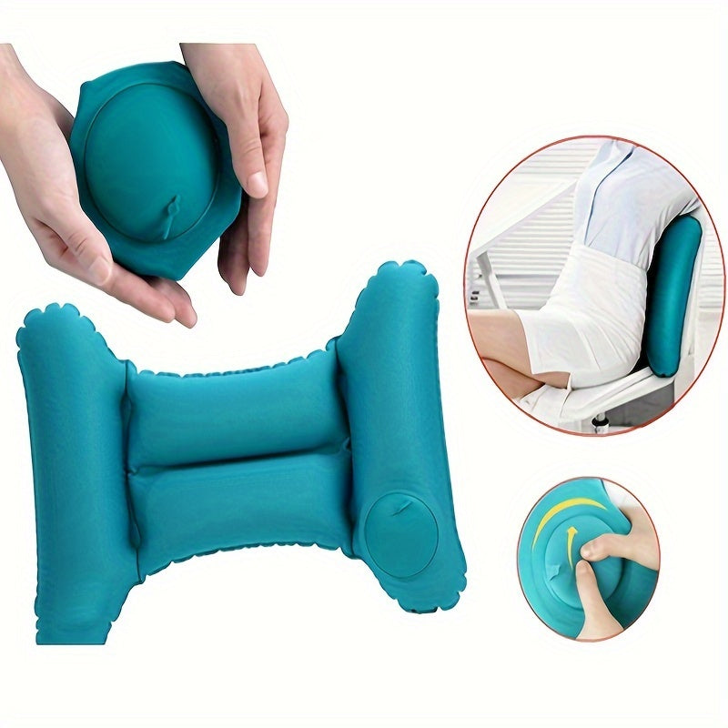 Inflatable travel waist pillow for lumbar back support during long journeys by air, car, bus, train, or in office or home.