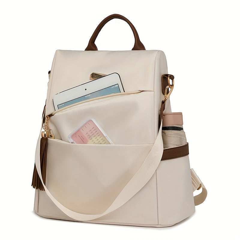 Stylish women's anti-theft backpack purse in white & brown with adjustable straps, large capacity, and golden-toned hardware, perfect for travel.