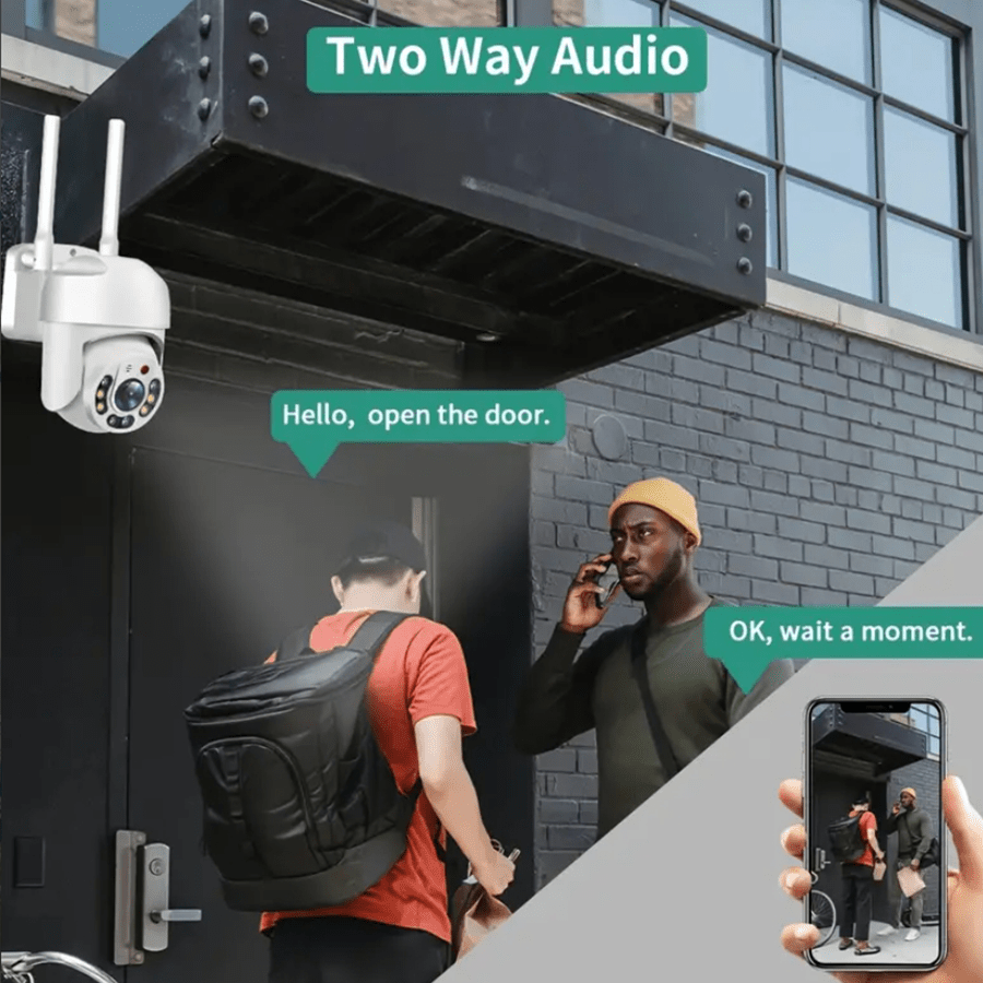 Teruhal's Outdoor WiFi Security Camera offers waterproof panning and auto-tracking features, 1080p HD night vision, human motion detection, two-way audio, panoramic view, and smart monitoring for home surveillance. It is compatible with smartphones and