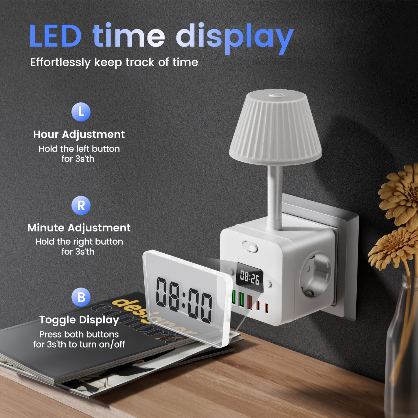 Lamp with Power Outlets and Digital Clock - 3 AC power outlets, 3 USB-A ports, 2 USB-C ports, surge protection, perfect for homes, kitchens, and bedrooms.