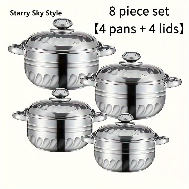 Stainless Steel Cookware Set - 8 Pieces Including Lids, Essential for Stovetop Cooking, Elegant Double-Handled Soup Pot, Great Gift Idea, Durable Stainless Steel, Must-Have Kitchen Essentials