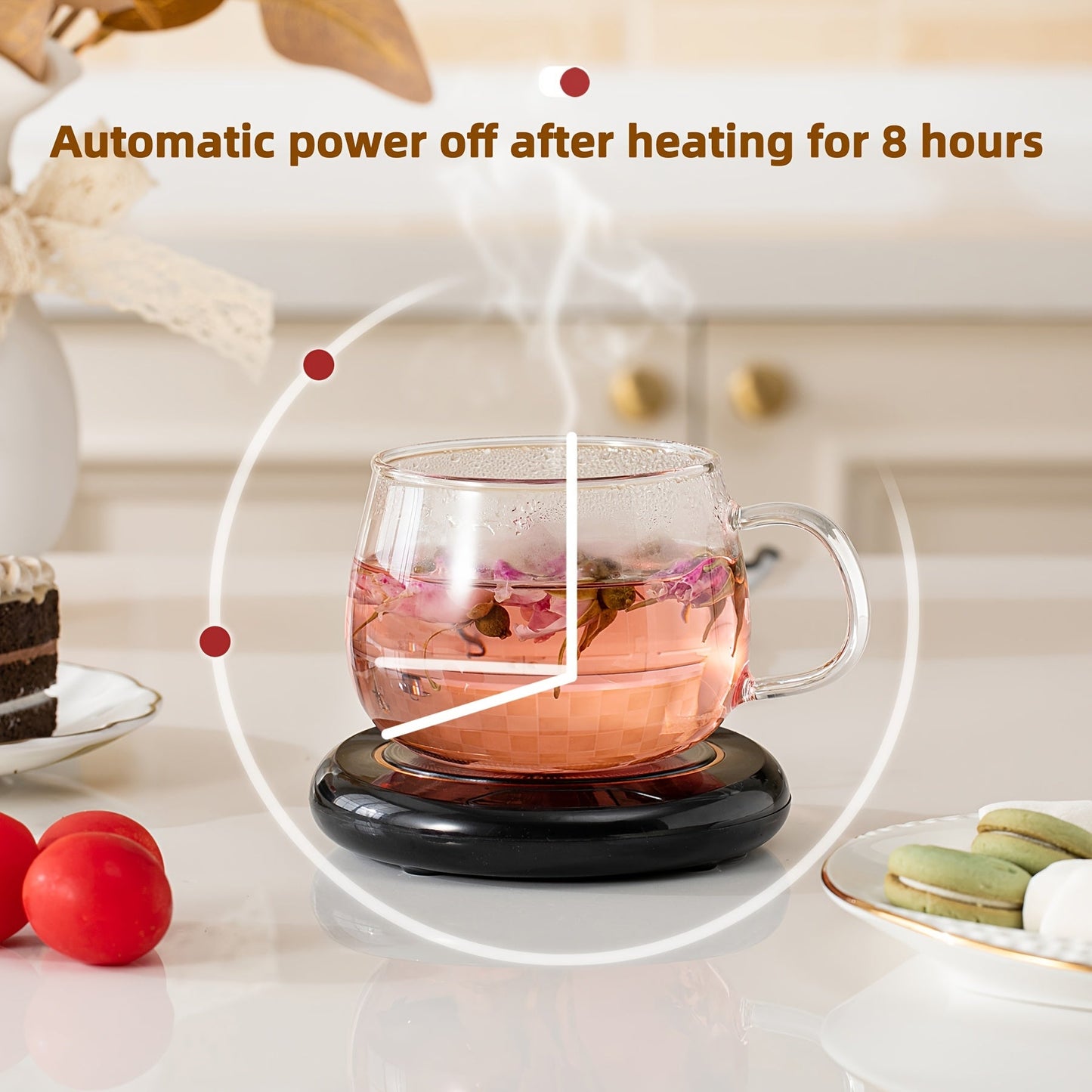 Electric coffee cup warmer pad with smart touch control, 3 temperature settings, and USB power. Can be used for warming drinks like milk, tea, and hot chocolate at home or in the office. Made of plastic with an operating voltage of ≤36V.