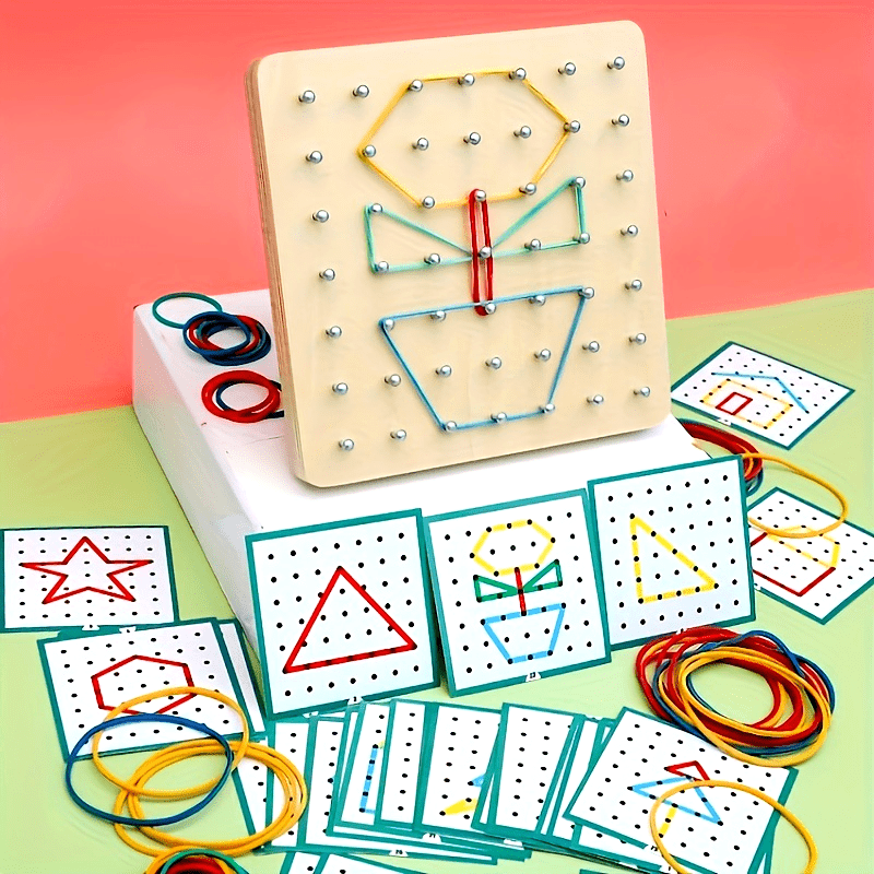 YIDIEMO Creative Thinking Geometric Board Set with Pattern Cards & Rubber Bands - Educational Wooden Stacking & Sorting Toy for Ages 3-6, Promoting Learning & Math Skills in Kids, Perfect Gift for Birthdays, Halloween & Christmas.