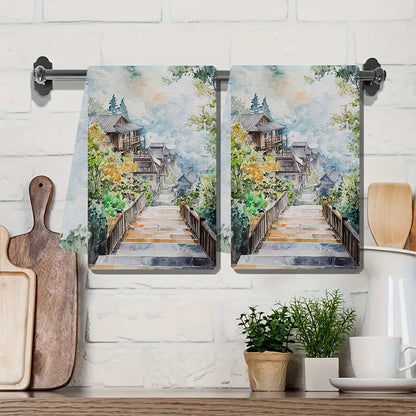 Set of 2 Ultra Soft Kitchen Towels featuring Pallet Town Scenic Design, Exceptionally Absorbent & Easy to Clean Dish Hand Towels, Size 40.64x60.96 cm - Perfect for Holiday Decoration & Daily Use in the Kitchen, Dish Towels