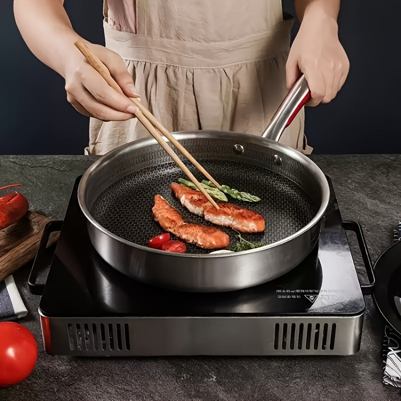 Kitchen Tri-Ply Stainless Steel Skillet Pan with Honeycomb Non-Stick Surface and Glass Lid, Ideal for Cooking Steak and Home Kitchen Use.