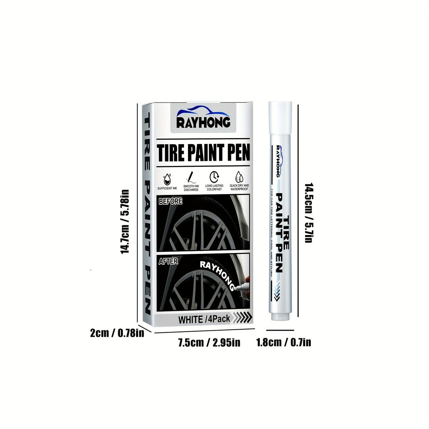 Set of 4 Tire Paint Pens for customizing your car's tires, perfect for adding letters or designs. This versatile tool is ideal for decoration and modification projects, making it a must-have for graffiti artists and DIY enthusiasts. Stay on-trend with