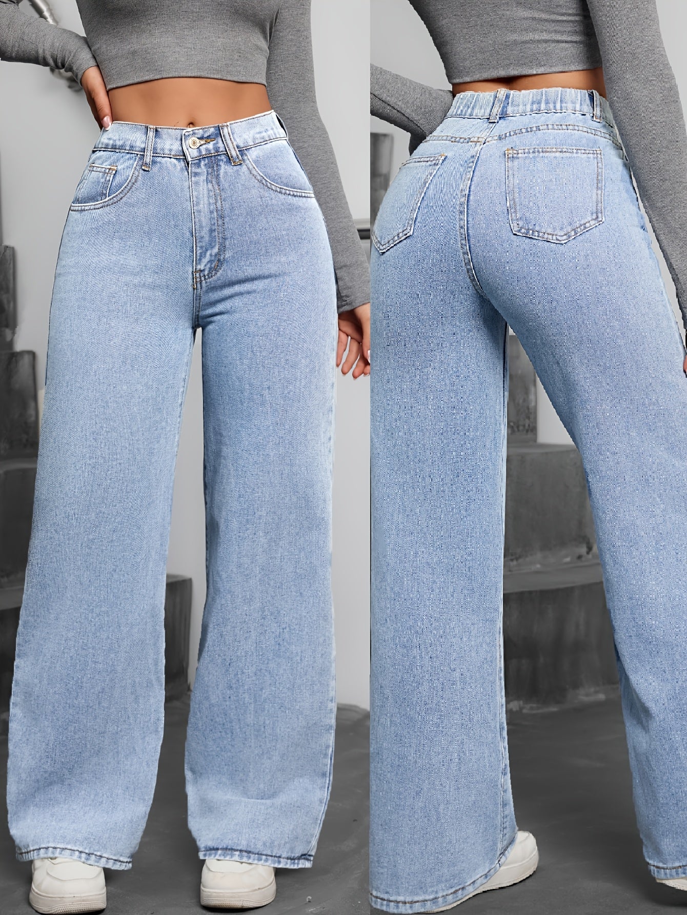 Simple washed blue denim pants for women, casual and basic style.