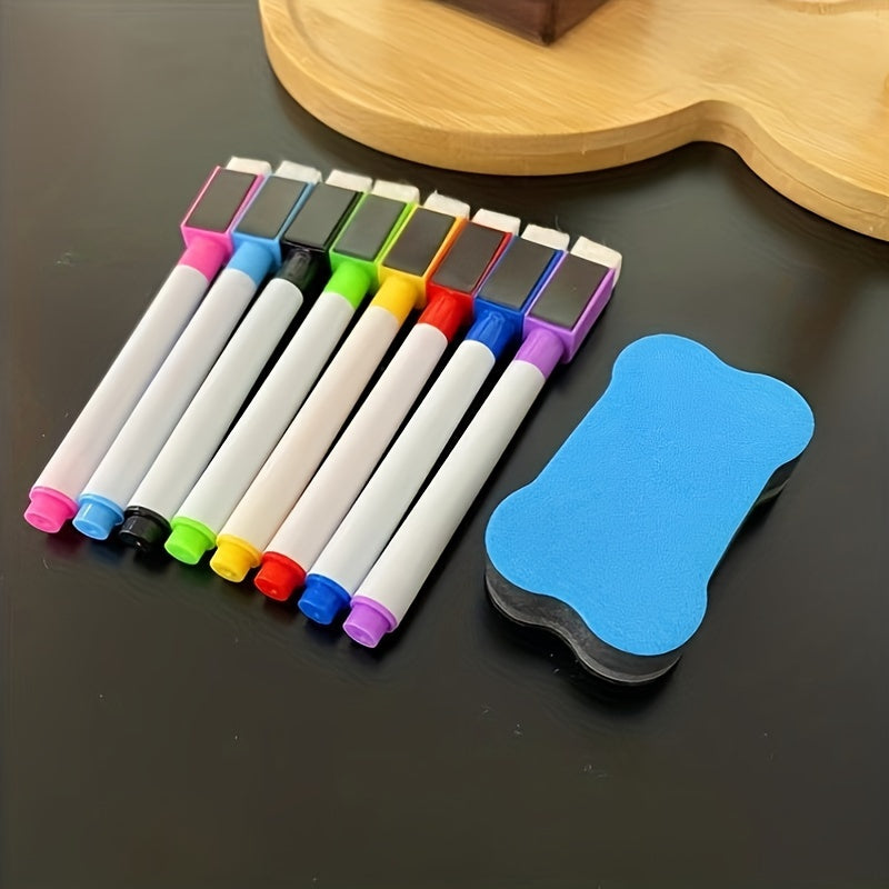 Set of 8 scratch-free erasable whiteboard pens, random colors. Includes easy-to-use eraser and magnetic markers. Ideal for office supplies.