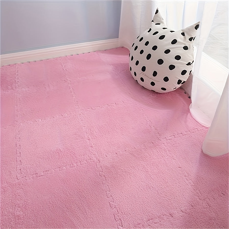 Machine made polyester & EVA square carpet tiles set, hand washable. Soft and anti-fall interlocking floor mat, 29.97x29.97 cm each.