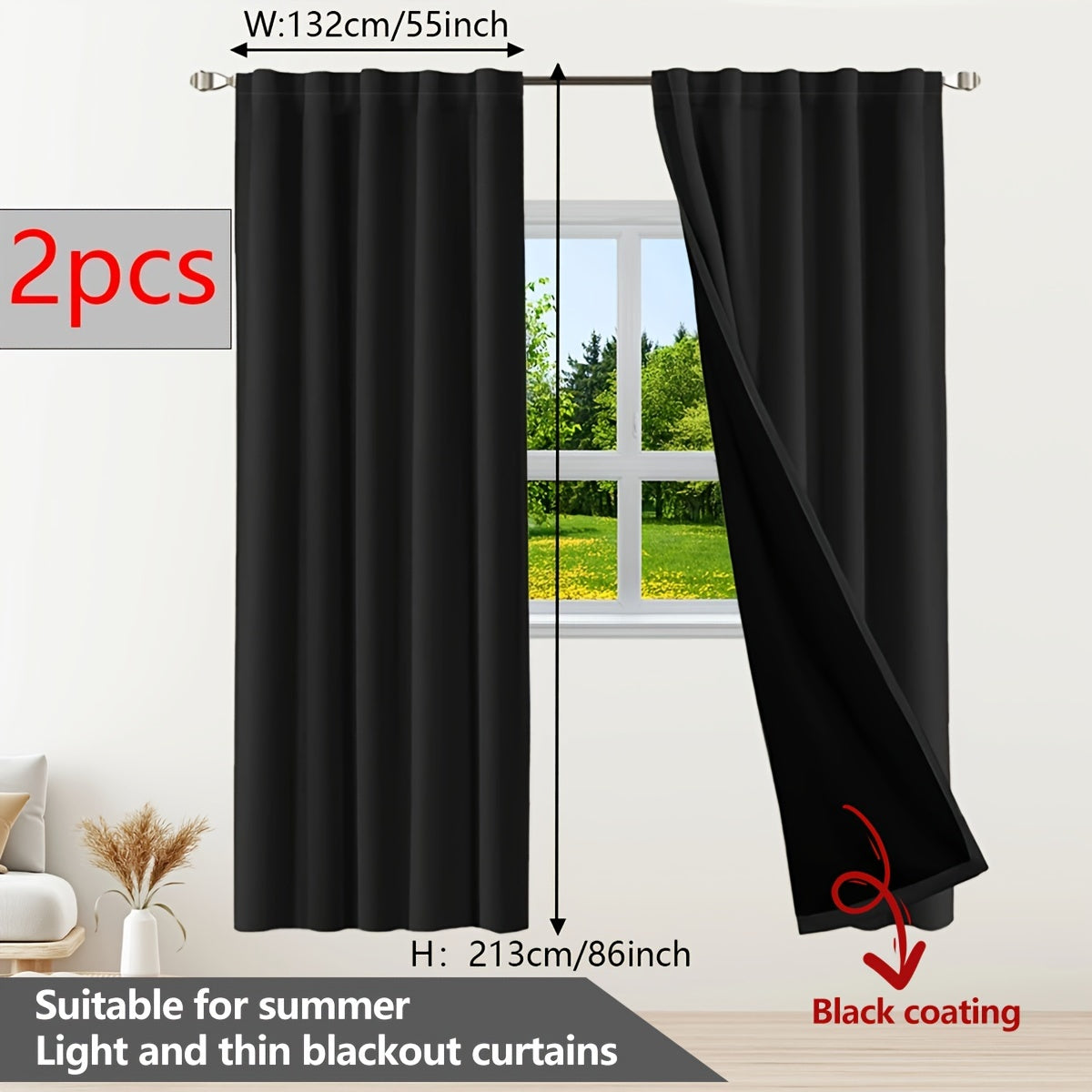 Two pieces of contemporary blackout curtains made from thermal insulated twill weave polyester. They are designed to reduce noise and block out light, making them perfect for the living room, bedroom, or study. These curtains feature a hook and ring rod