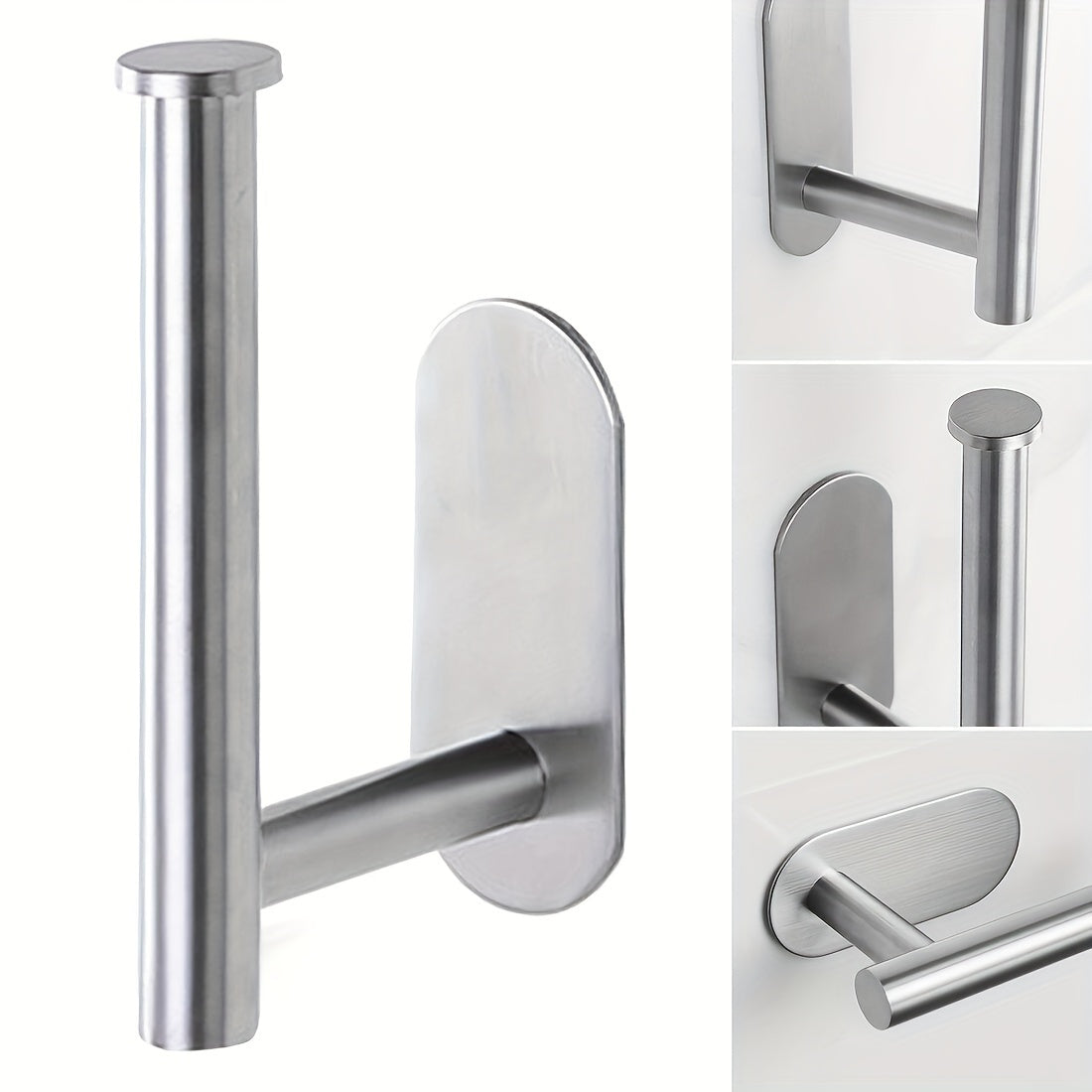 Stainless steel self-adhesive toilet paper holder.