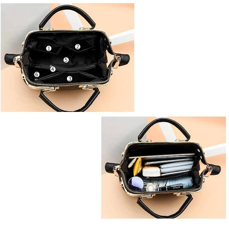 Stylish black shoulder bag for women with cute bear charm, detachable strap, zip closure, and quilted texture - ideal for travel and shopping.