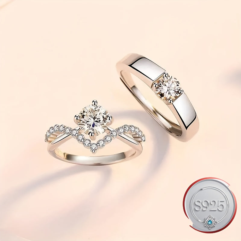 Timeless Connection, Graceful 925 Sterling Silver Crown Couple Rings embellished with 1 Carat Cubic Zirconia - Flexible Open Style suitable for both Men & Women, Ideal for everyday use or as a thoughtful gift