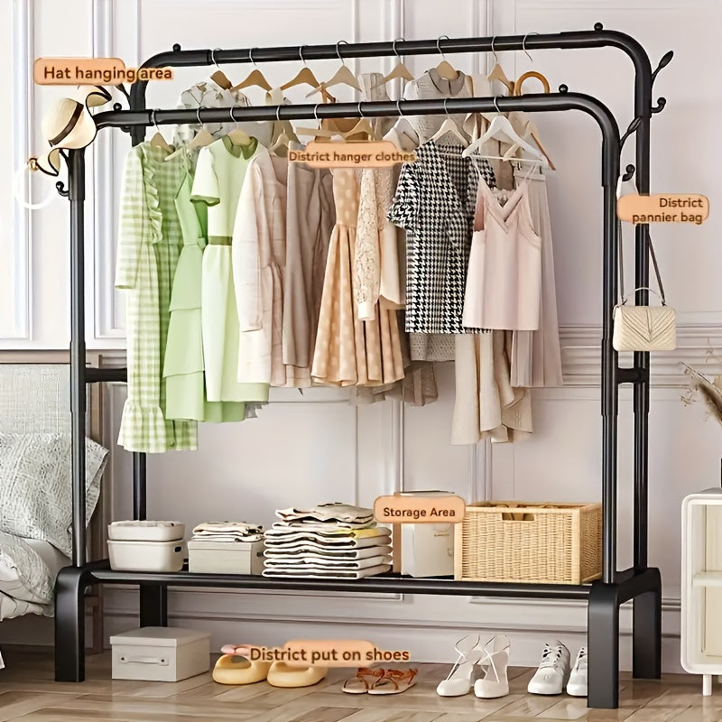 Double-bar clothes hanger for coats, shirts, dresses, and scarves - lightweight iron rack in black/white