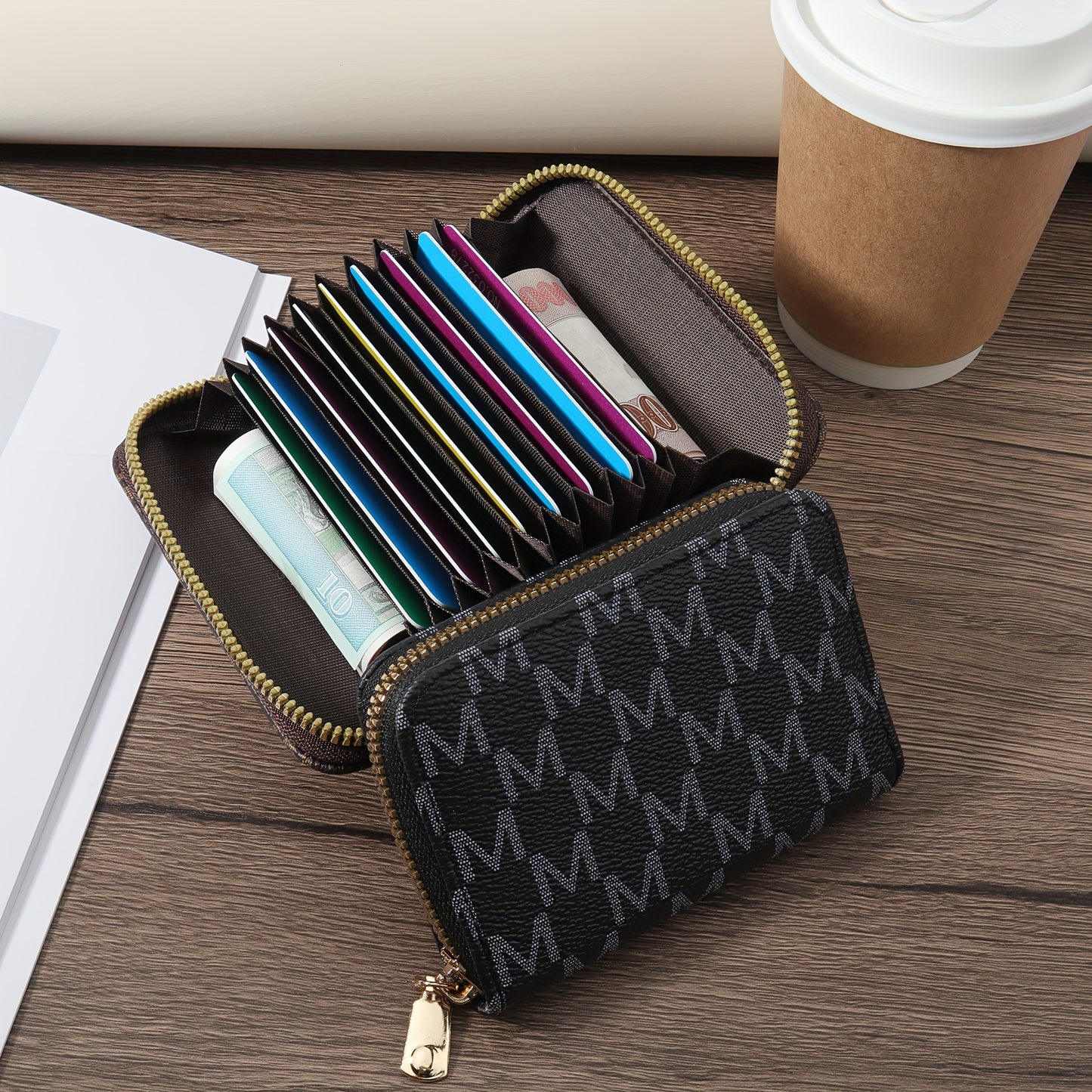 Compact and stylish synthetic leather credit card holder with zipper in brown and black herringbone pattern. Includes golden zippers, ideal for keys and cash. Lightweight and portable