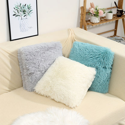 Bohemian-style plush throw pillow cover for sofa or bed in gray, white, and turquoise. Features zip closure, soft polyester material. Hand wash recommended.