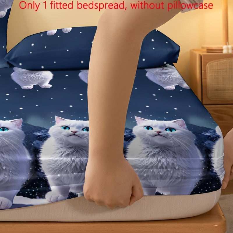 Soft and comfortable snow blue eyes white cat print fitted sheet, perfect for bedroom or guest room. This brushed fitted sheet comes with deep pockets and is designed as a mattress protector. Pillowcase not included. Get just the fitted sheet for a