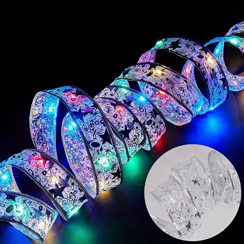 Choose from 2m/78.74" to 10m/393.7" lengths of battery-powered LED fairy lights with golden Christmas ribbons and bowknots for tree, home, and party decor, ideal for Halloween, Christmas, and weddings.