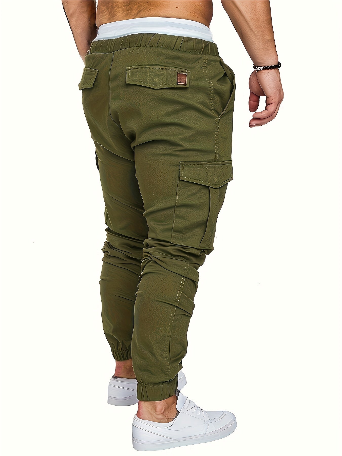 Men's casual cotton cargo pants with solid color, regular length, non-stretch fabric, drawstring waist, standard fit, and woven weave, suitable for all seasons.