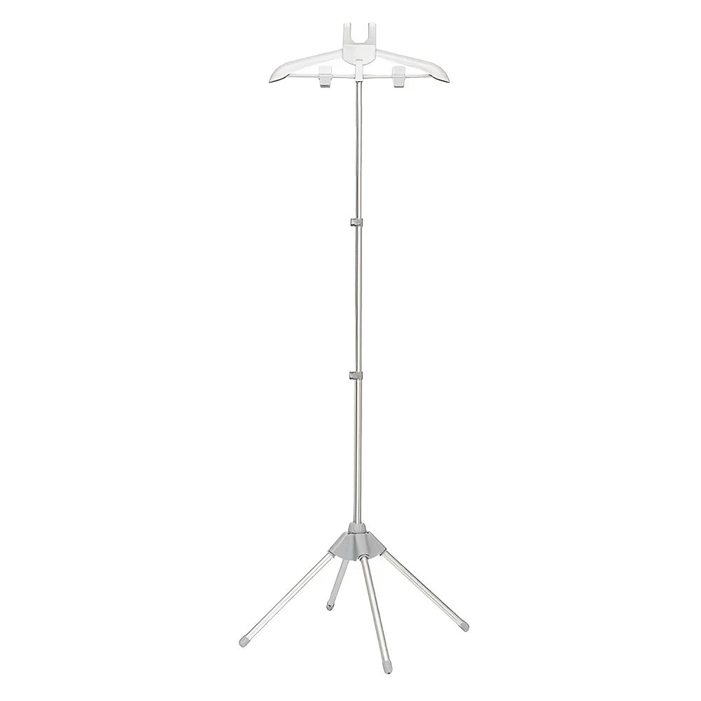 Portable adjustable height clothes steamer stand with foldable independent support rack made of plastic material. Space-saving design for convenient ironing and storage.