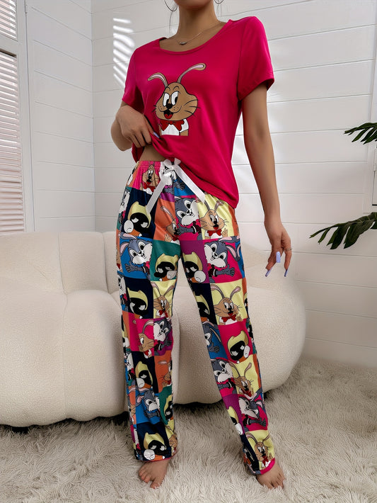 Women's cute cartoon print pajama set with short sleeve top and pants, featuring a comfortable relaxed fit.