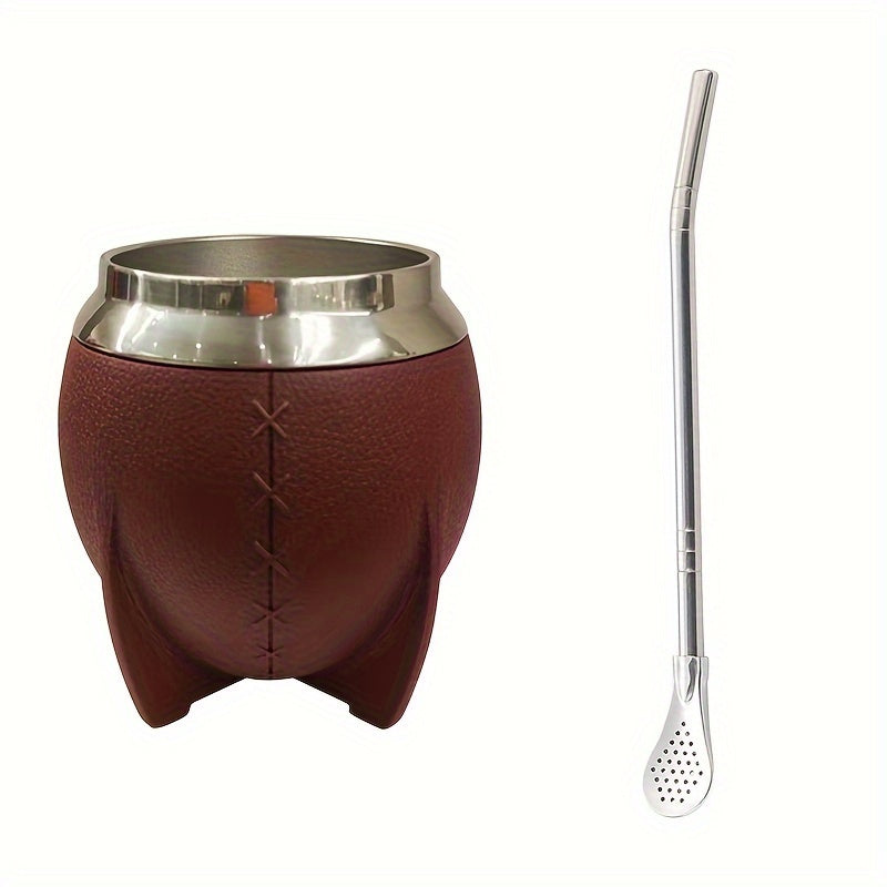 280ml Stainless Steel Yerba Mate Tea Cup with Leather Strap, Bombillas, and Double Wall Design, Ideal for Work and Study, Hand Wash Only.