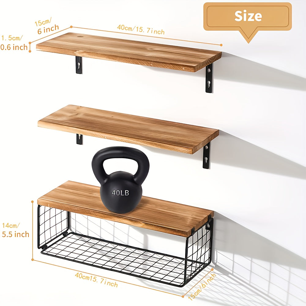 4 Chic Carbon Black Floating Bathroom Shelves with Storage Basket - Easy to Install, Space-Saving Design - Ideal for Stylish Wall Decor & Organizing Essentials, Bathroom Storage