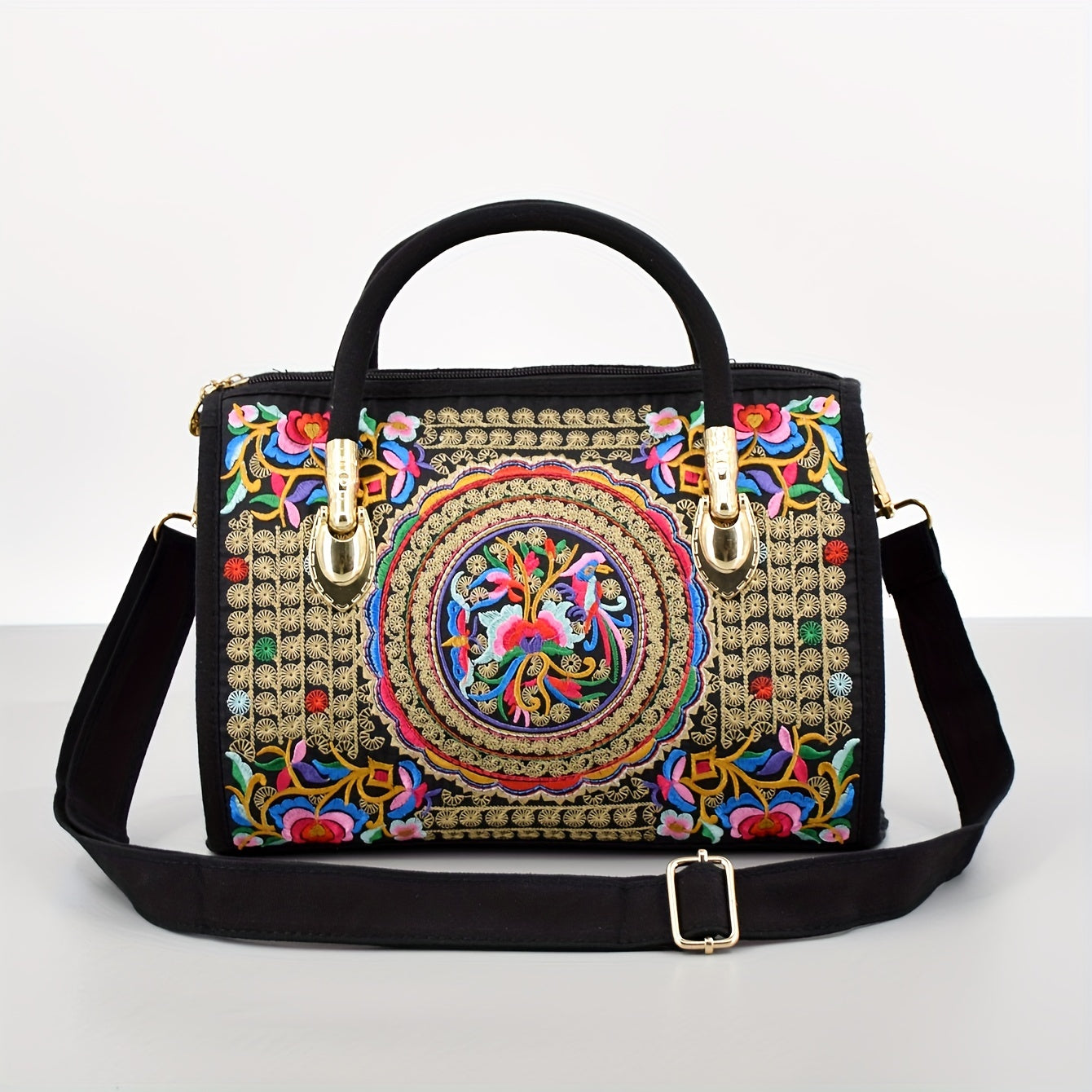 Vintage embroidered Boston bag with retro bohemian tote style for women.