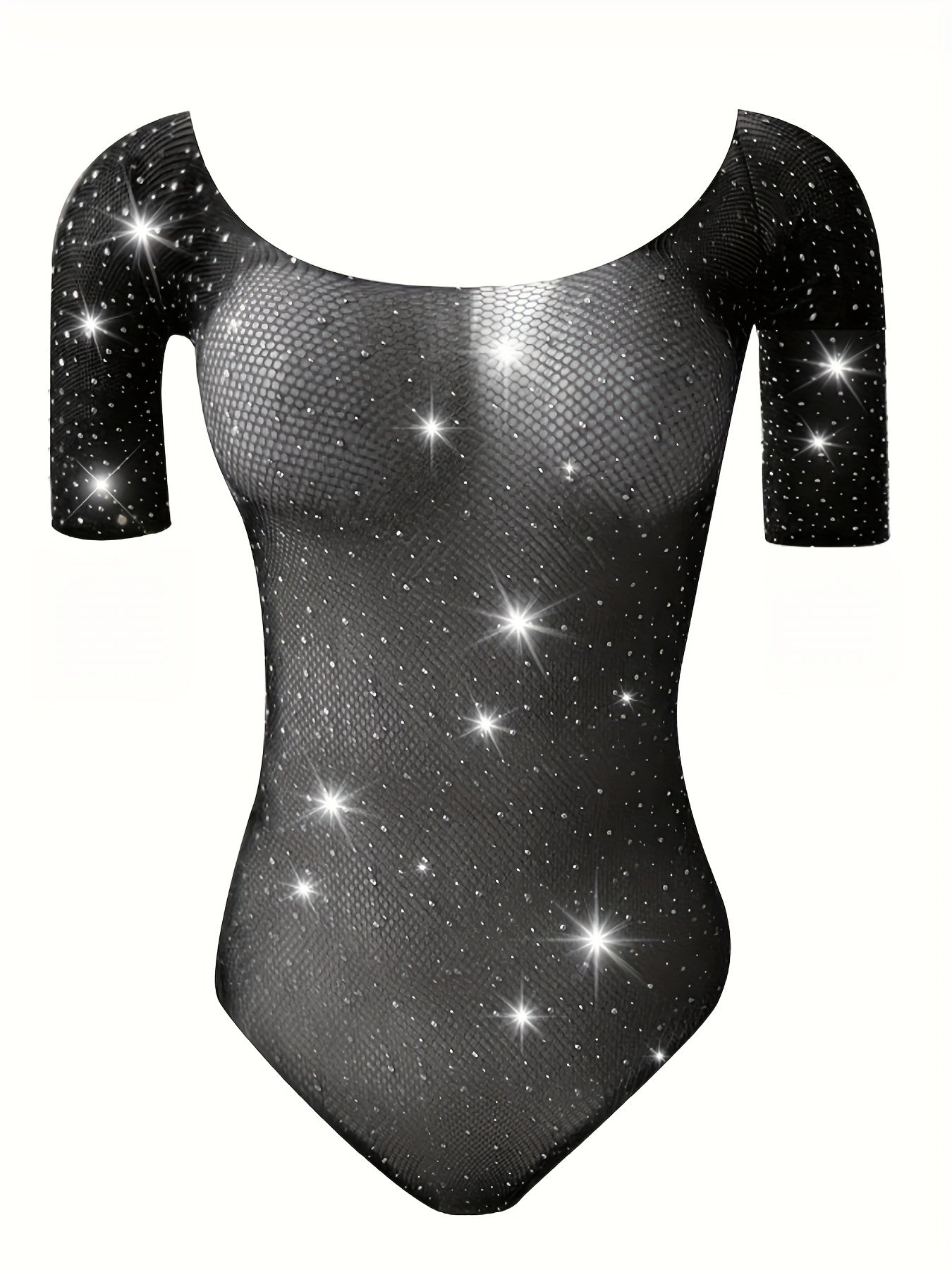 Sparkling rhinestone bodysuit with sheer mesh and short sleeves for a sexy and seductive look at nightclubs.