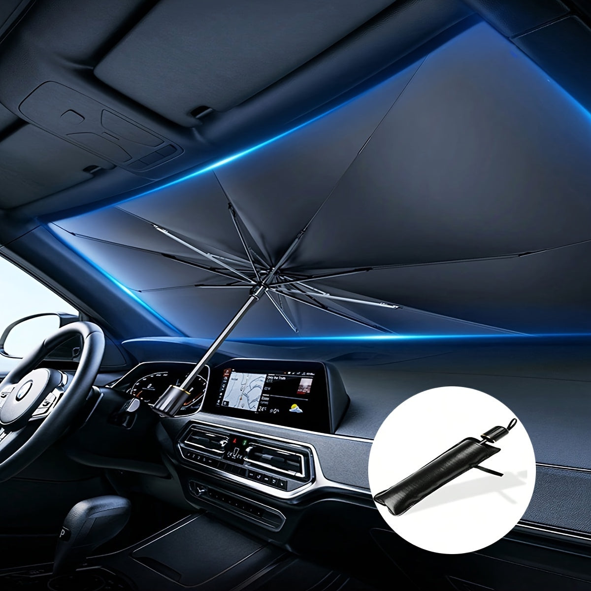 Portable, foldable car windshield sunshade in black, 140*80cm for SUV/Off-Road use to protect your car from the sun.