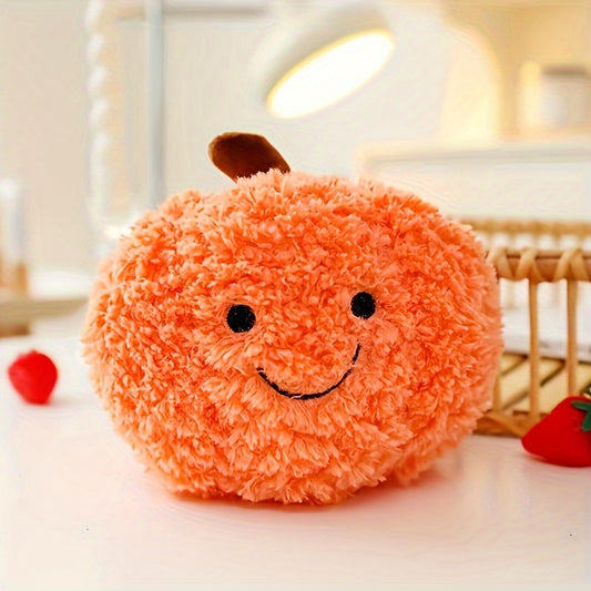 Adorable pumpkin plush throw pillow in bright orange with smiling face, made of soft polyester. Perfect for Halloween, Thanksgiving, and Christmas decor. Great as gifts for home or parties.