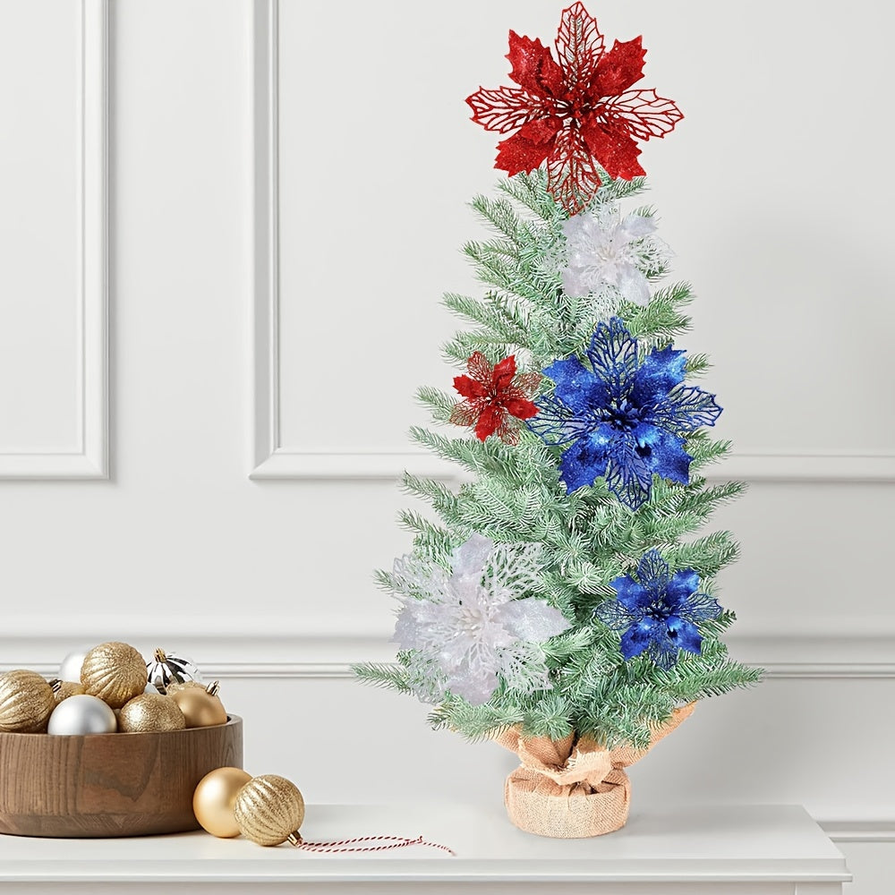 10 artificial Christmas flowers, 9cm/3.54in, glitter tree ornaments made of polyester and plastic. Suitable for home, kitchen, parties, and First Communion. No power required, festive holiday decoration.