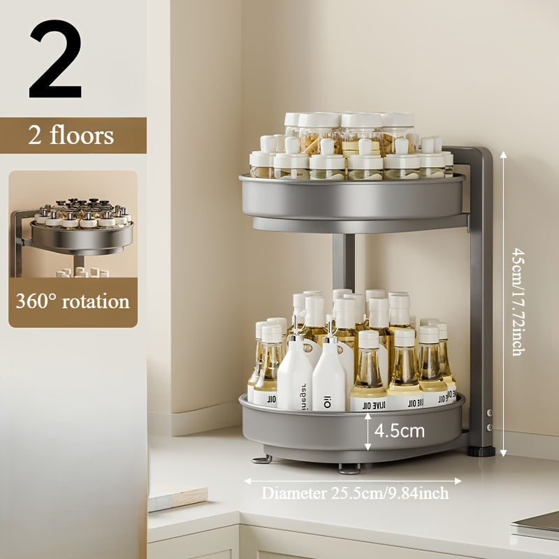 Lazy Susan spice rack, revolving seasoning organizer, versatile rotating storage container for oil, salt, sauce, and vinegar, perfect for kitchen countertops and home use.