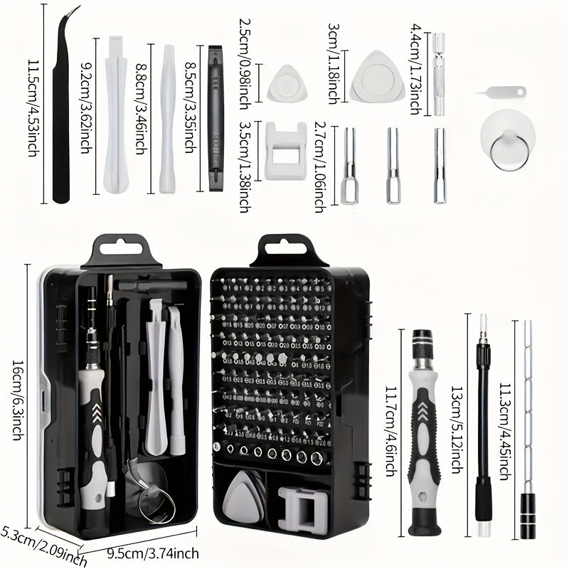 115 in 1 Precision Screwdriver Set for electronics and automotive maintenance with magnetic, non-slip handle.