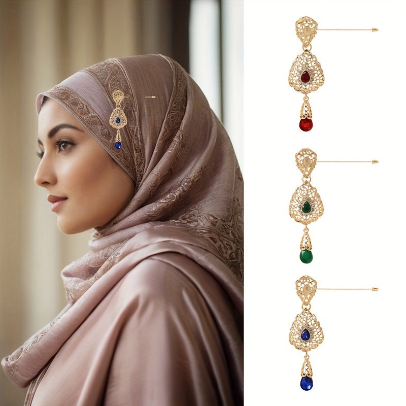 Stylish French-Inspired Hollow Alloy Hijab Pin adorned with shimmering Rhinestones - Vintage Charm, Distinctive Irregular Design