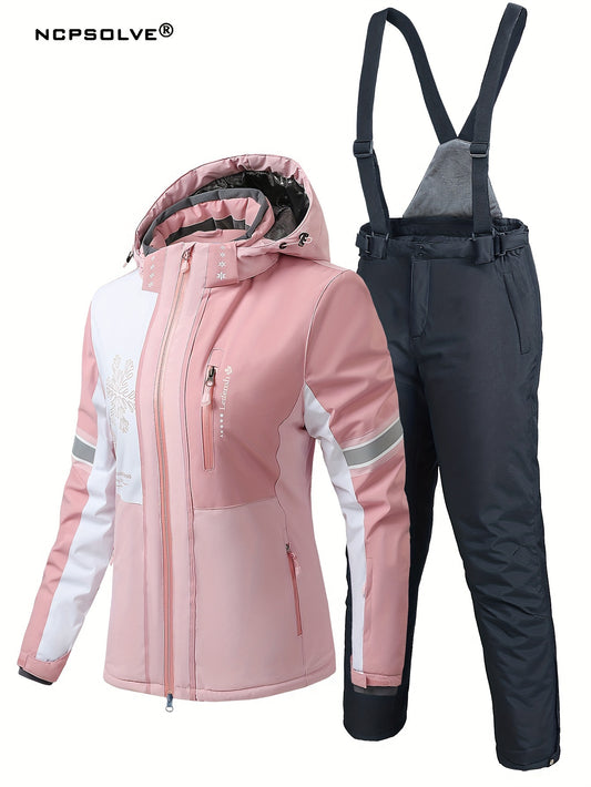 Women's Ski Suit with Polyester Jacket and Pants, Solid Color Design, Zipper Details, HX356