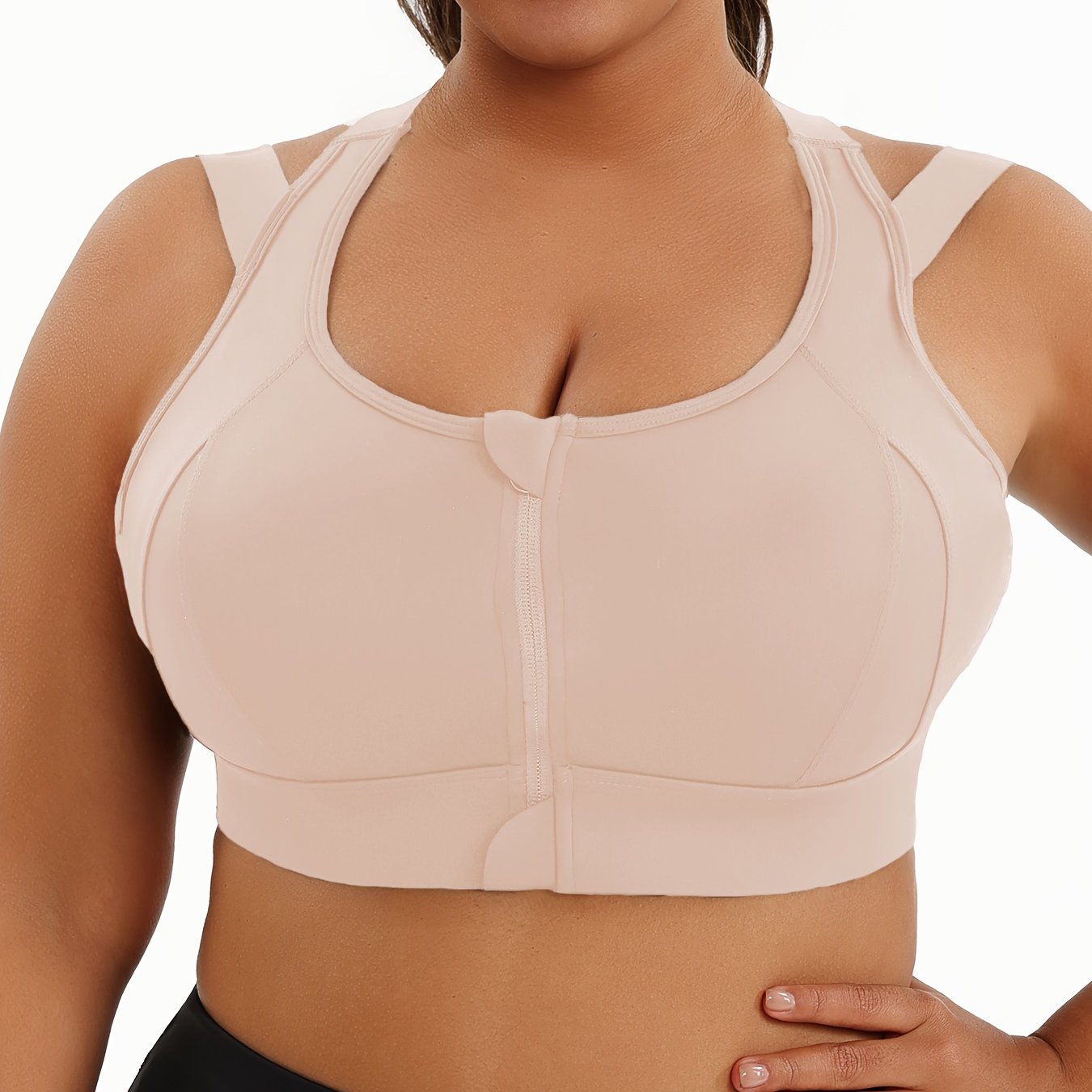 Plus Size Sports Bra with Front Zip Closure, High Support for Fitness, Breathable and Comfortable Active Wear for Basketball and Yoga.