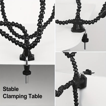 Soldering station tool with magnifier and flexible arms for welding and PCB repair.