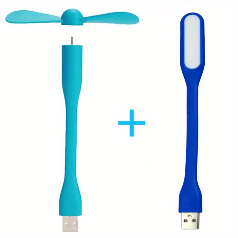 Mini USB fan with flexible bendable design for cooling, includes USB LED light for power bank, notebook, and computer. A summer gadget.