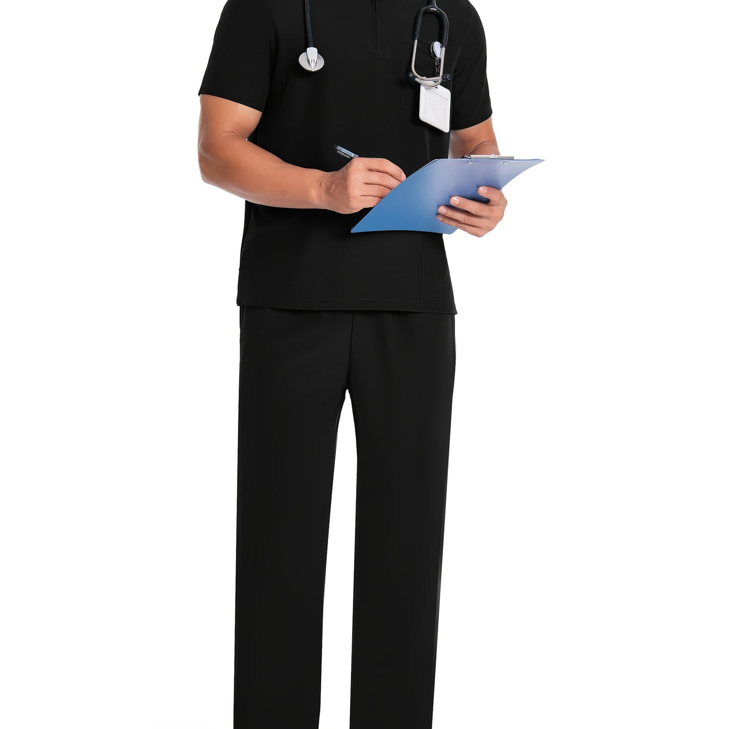 Men's Polyester V-Neck Scrub Set with Short Sleeves, Solid Color, Zipper Detail, and Elastic Waistband Pockets for Healthcare, Lab, Pet Grooming Uniforms.