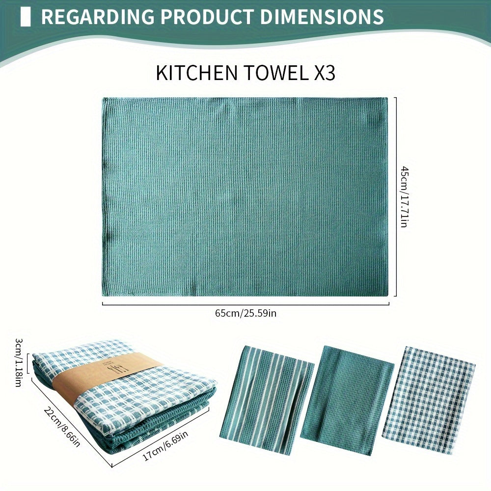 3 large kitchen towels in green, plaid, and striped waffle weave patterns. Soft and absorbent, ideal for drying, cleaning, and washing. Each towel measures 45.01x65.0 cm.