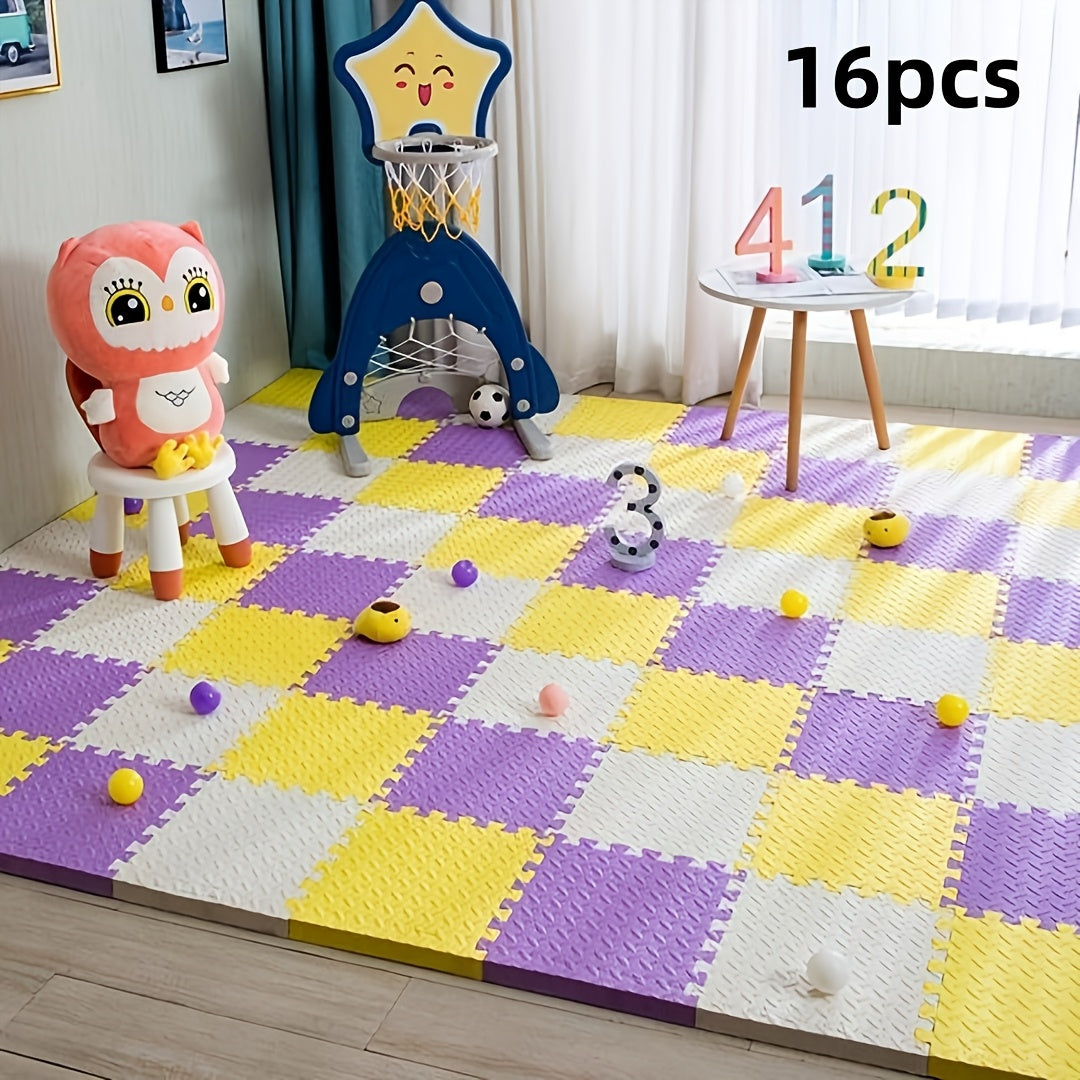 16-piece EVA Foam Play Mat in geometric patterns, available in beige, gray, navy blue, yellow, coffee, pink, and purple. Each tile is 30cm x 30cm, perfect for youngsters' room and playroom