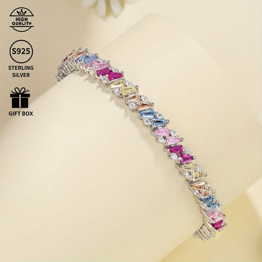 Sleek Vintage-Inspired S925 Sterling Silver Tennis Bracelet adorned with Colorful Synthetic Cubic Zirconia, Silver-Plated, perfect for everyday wear, a versatile accessory that makes an ideal gift for Halloween - 1 Piece