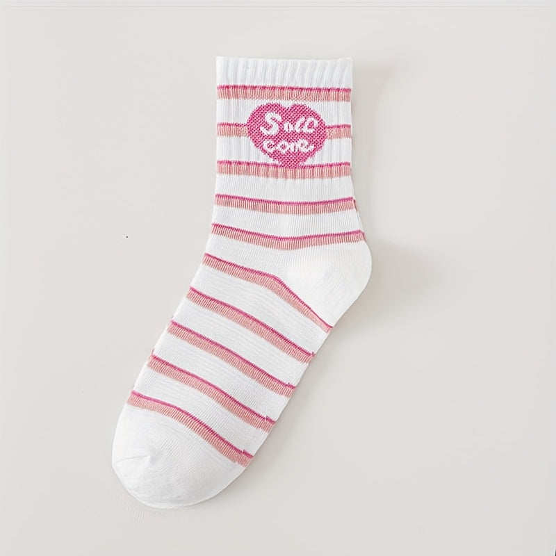 5 pairs of pink letter socks for women, calf-length stockings perfect for spring and summer.