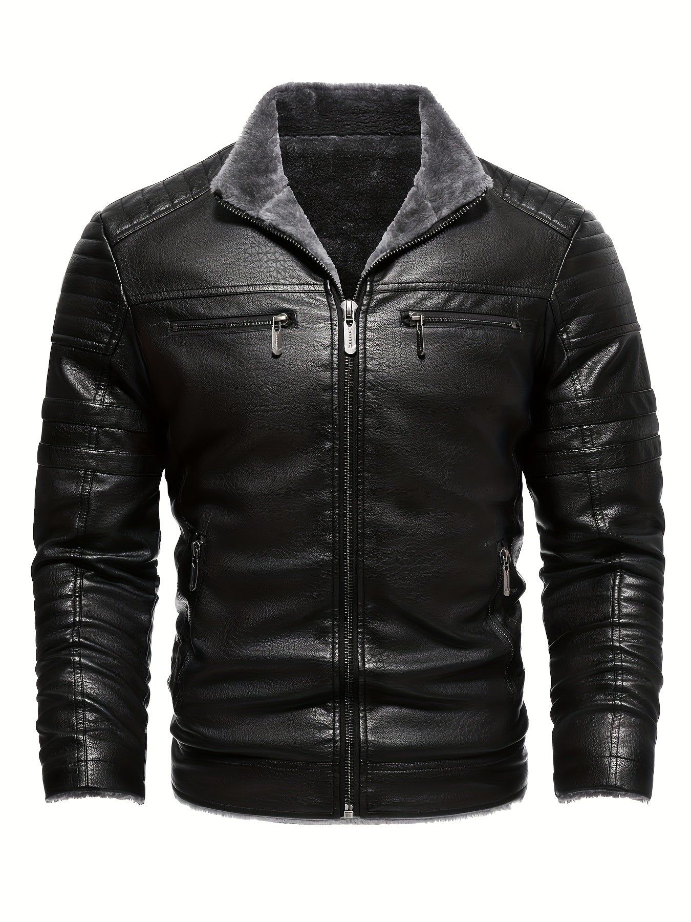 Men's Retro PU Biker Jacket with Fleece Lining for Fall/Winter